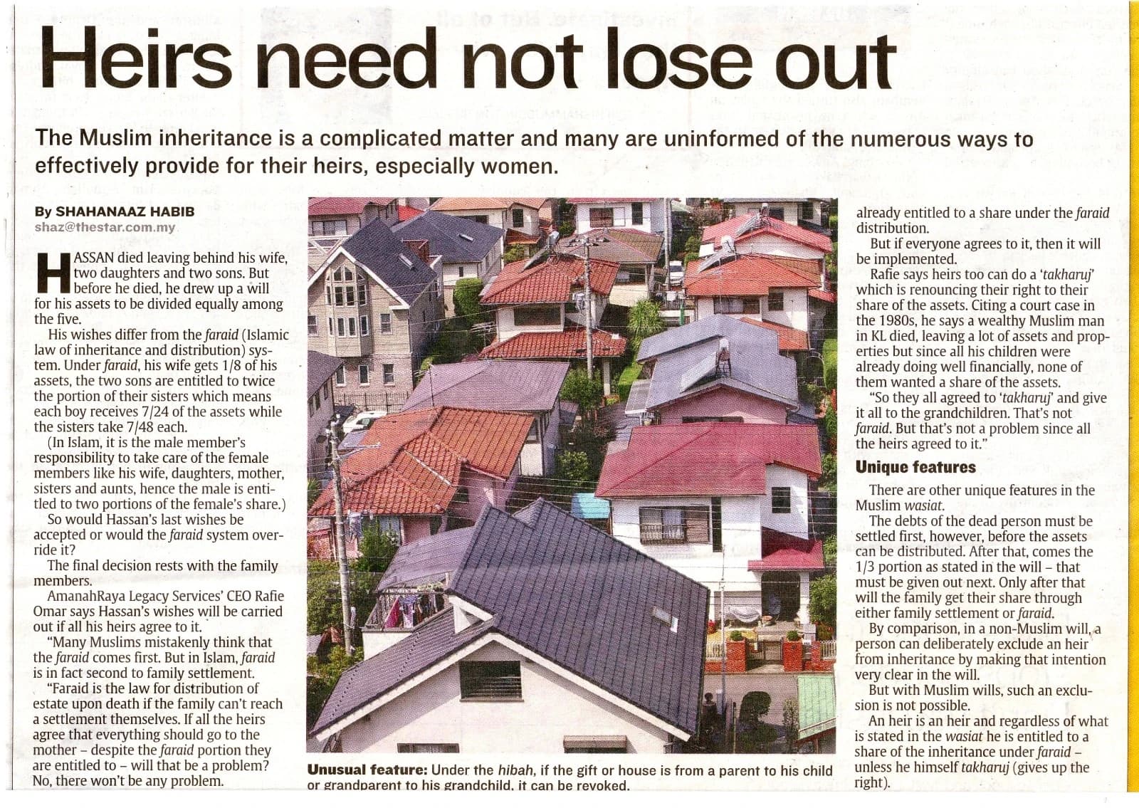 Newspaper clipping: Heirs need not lose out. The Star article discussing Faraid, family settlement, Wasiat, hibah and ways of providing for heirs.