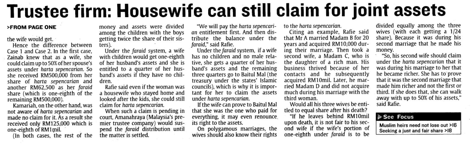 Newspaper clipping: Trustee firm: Housewife can still claim for joint assets. Article continuation discussing harta sepencarian before the remaining estate is distributed under Faraid.