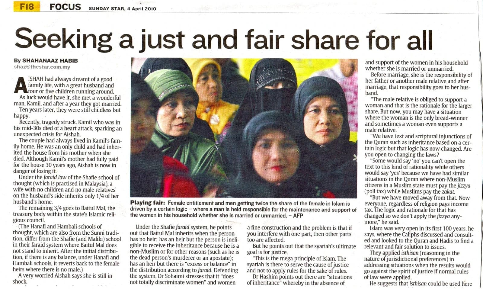 Newspaper clipping: Seeking a just and fair share for all. The Star, 4 April 2010. A report on women, inheritance and differing circumstances under Faraid.
