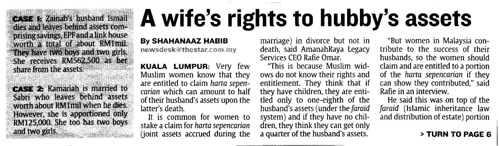 Newspaper clipping: A wife’s rights to hubby’s assets. A report explaining that Muslim women may claim harta sepencarian in addition to their Faraid entitlement.