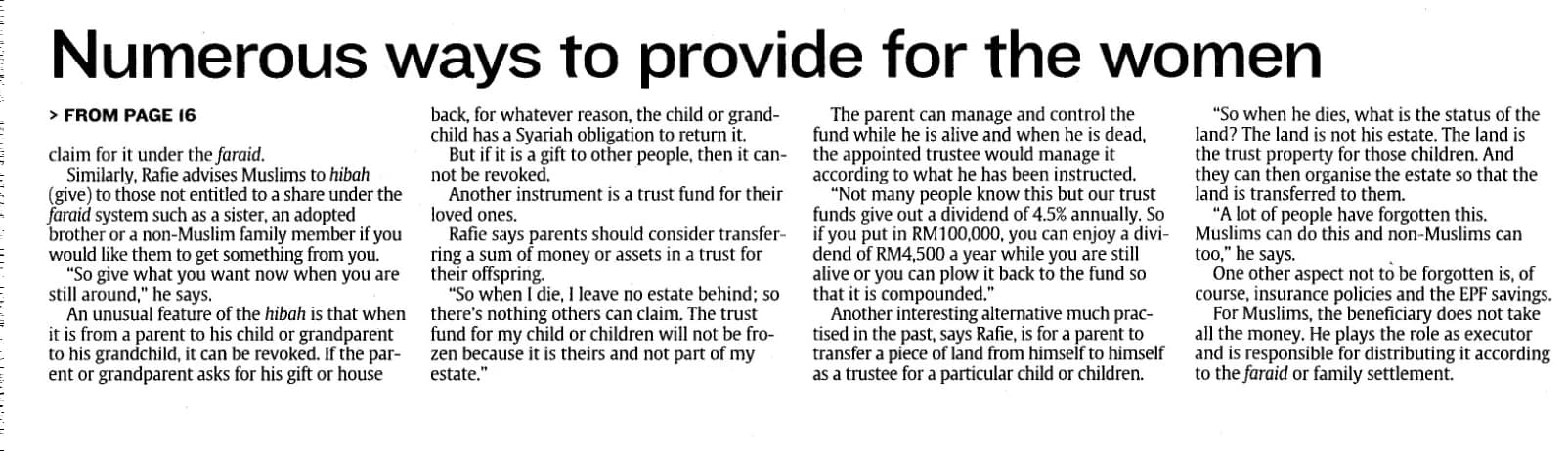 Newspaper clipping: Numerous ways to provide for the women. Article continuation discussing hibah, trust funds, insurance policies and EPF savings.