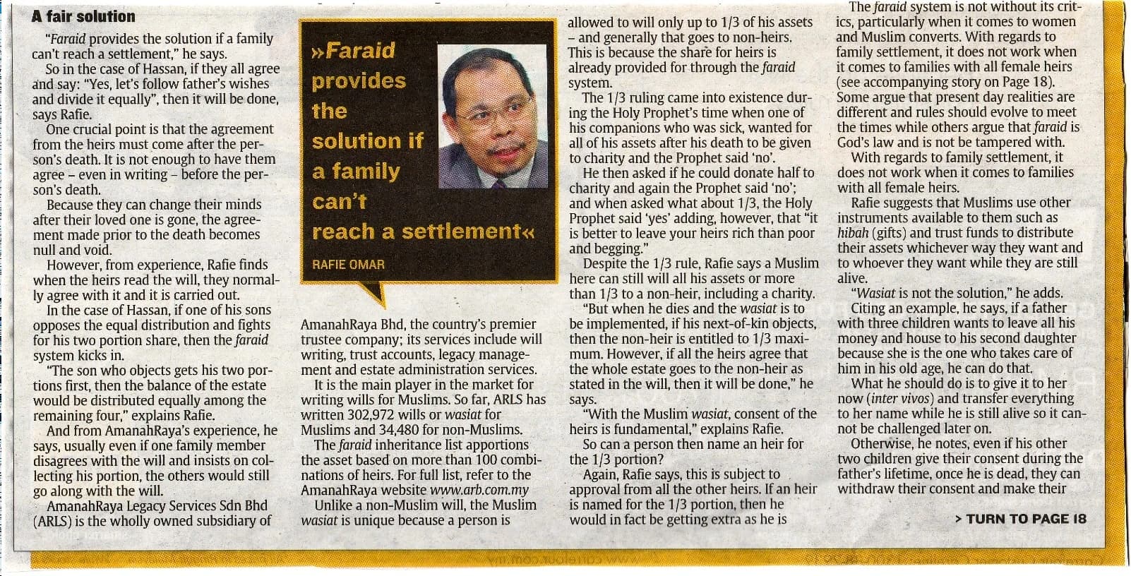 Newspaper clipping: A fair solution. Article continuation discussing family settlement, the one-third Wasiat rule, hibah and trust funds.