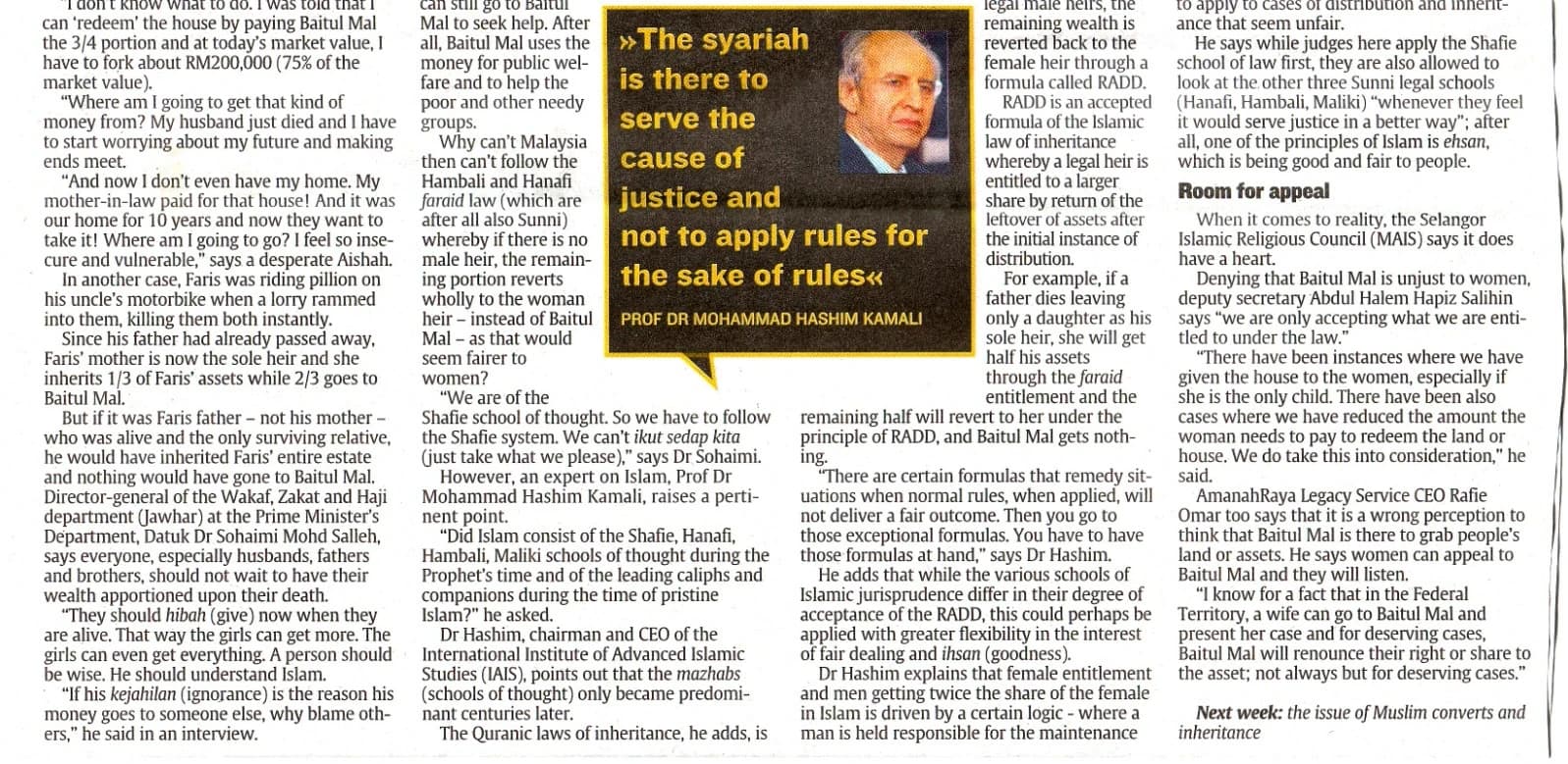 Newspaper clipping: The Syariah is there to serve the cause of justice. Article continuation discussing schools of Islamic jurisprudence, RADD and Baitul Mal.