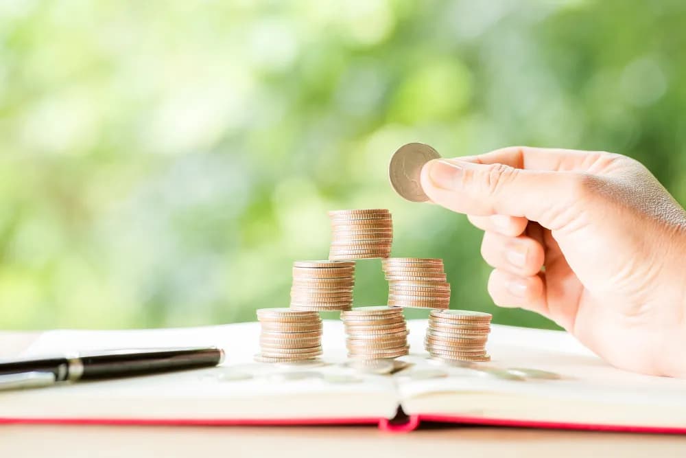 Stacks of coins and a growing plant